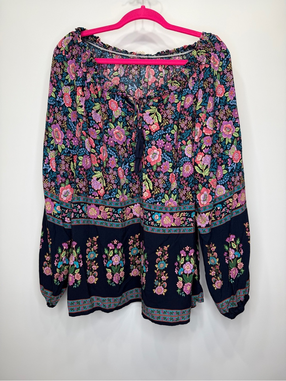 Easel Navy Floral Peasant Blouse with Pink & Green Accents